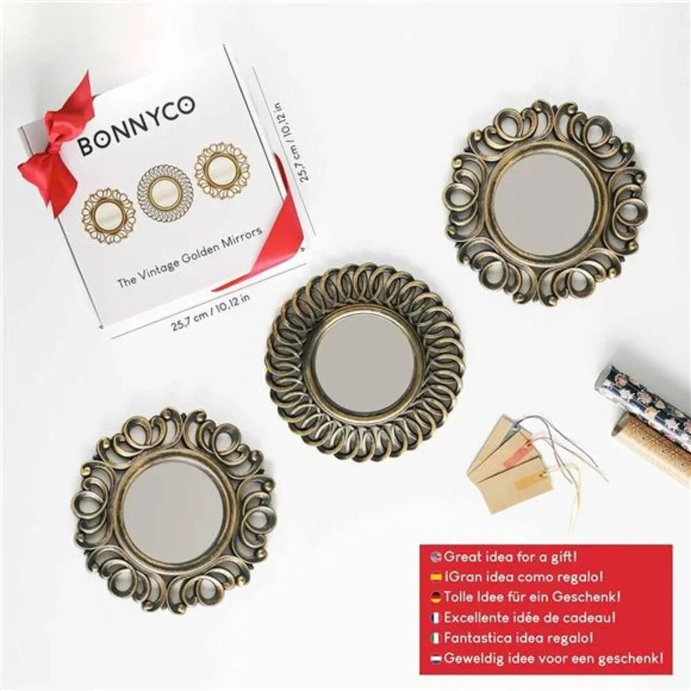 Wall Mirrors Pack of 3 Round Gold Mirrors for Home Decor Bedroom & Living Room